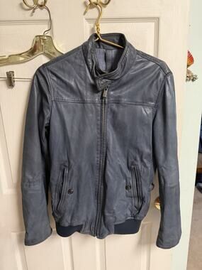Massimo Dutti Women’s Med 36w Blue Gray Leather Jacket Zip Up Bomber Buckles